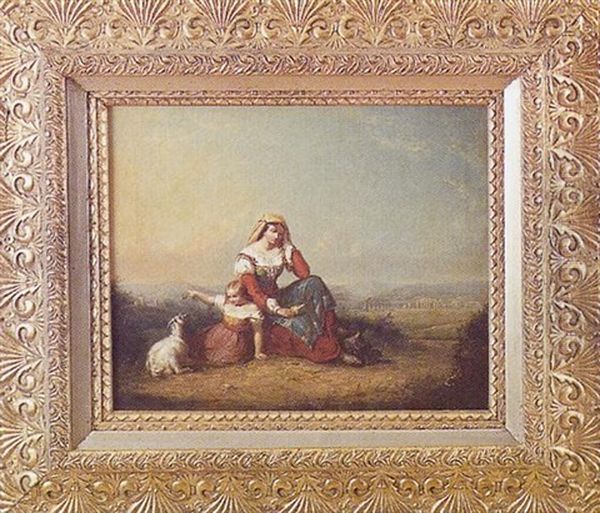 Classical Landscape With A Woman And Child Feeding A Goat With Ruins In The Background Oil Painting by William Sanford Mason