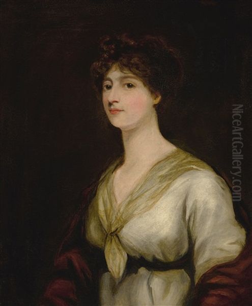 Portrait Of Miss Bristow, Half Length, With A White Dress And Red Cloak Falling From Shoulders Oil Painting by John James Masquerier