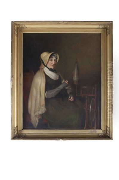 A Portrait Of Juliana, Lady Langham, D.1810, Seated By A Spinning Wheel, Wearing A Bonnet And Cloak Oil Painting by John James Masquerier