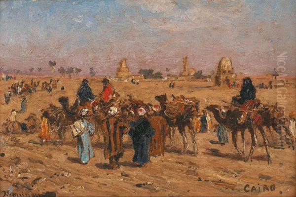 Caravane En Marche Pres Du Caire. Oil Painting by Edmund Berninger