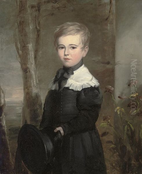 Portrait Of A Young Boy In School Uniform, Holding A Black Hat In His Left Hand, In A Landscape Oil Painting by John James Masquerier