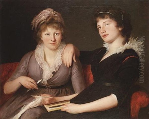 Portrait Of Two Women, Half Length, Seated, One In A Brown Dress Crocheting, The Other In A Black Dress, Holding A Book Oil Painting by John James Masquerier