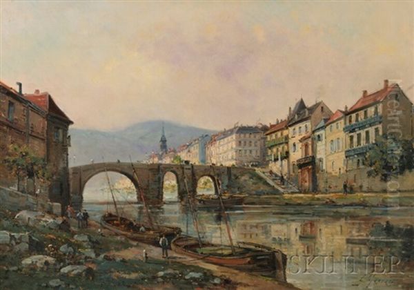 Town Riverfront With An Arched Bridge Oil Painting by Francisco Masriera Manovens