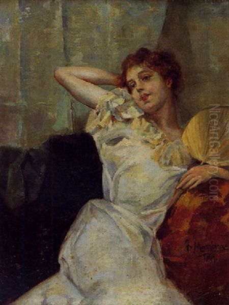 Jeune Elegante A L'eventail Oil Painting by Francisco Masriera Manovens