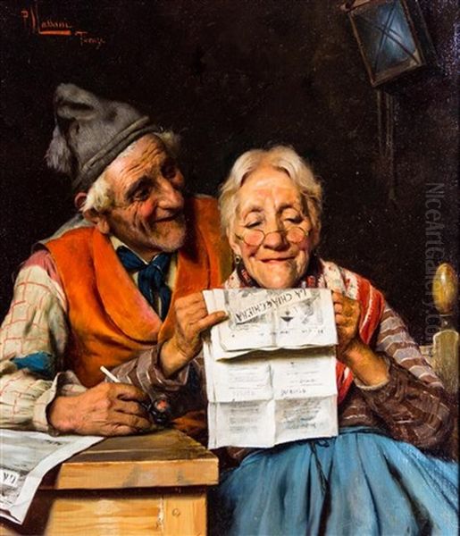 Elderly Couple Reading Paper Oil Painting by Pompeo Massani