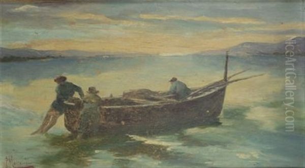 Barca Con Pescatori Oil Painting by Pompeo Massani