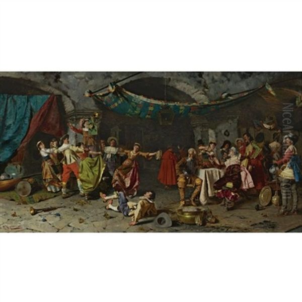 A Celebration In The Wine Cellar Oil Painting by Pompeo Massani