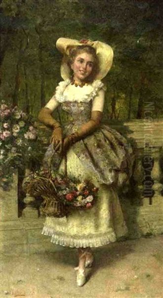 An Elegant Lady In The Park Oil Painting by Pompeo Massani