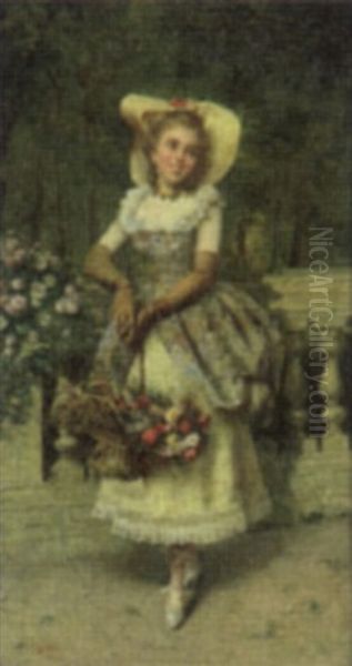 An Elegant Lady In The Park Oil Painting by Pompeo Massani