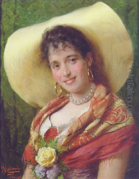 An Italian Beauty Oil Painting by Pompeo Massani