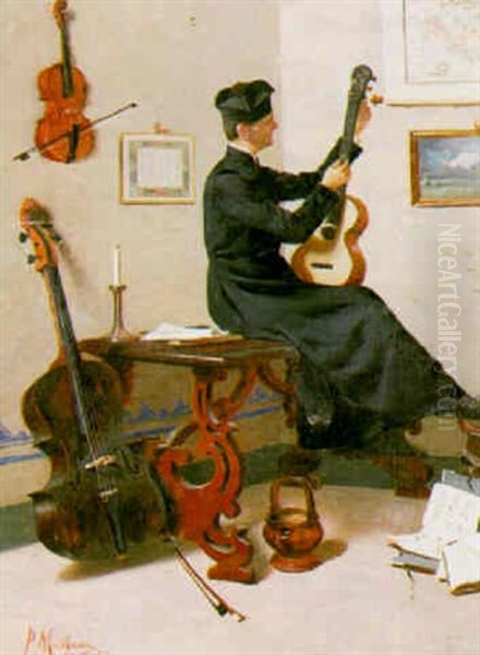 An Interior With Seated Cleric Tuning His Guitar Surrounded By A Viola And Violoncello Oil Painting by Pompeo Massani