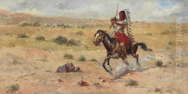 Indian Riding At Full Gallup Oil Painting by Oscar Edmund Berninghaus