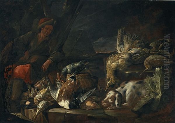 A Hunter With Game And A Hound; And A Putto With A Setter Chasing Ducks, Fruits On A Rock And A Vase Of Flowers In A Rocky Landscape Oil Painting by Nicola Massaro