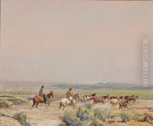 Valley Of The Wild Horses Oil Painting by Oscar Edmund Berninghaus