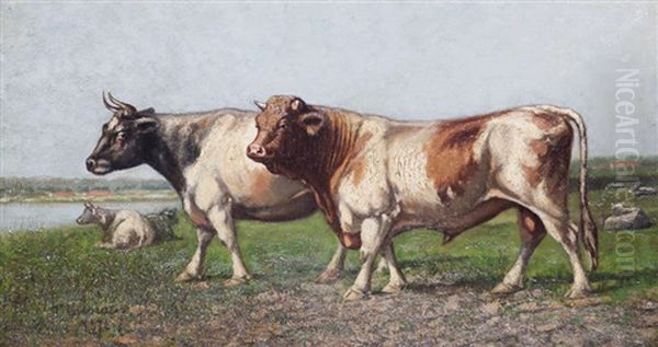 Vaches Au Pre Pres De L'eau Oil Painting by Leon Massaux