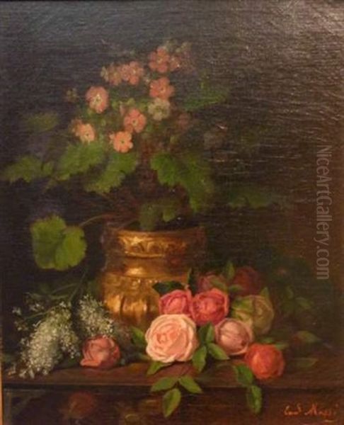 Bouquet De Fleurs Sur Entablement Oil Painting by Emmanuel Auguste Masse