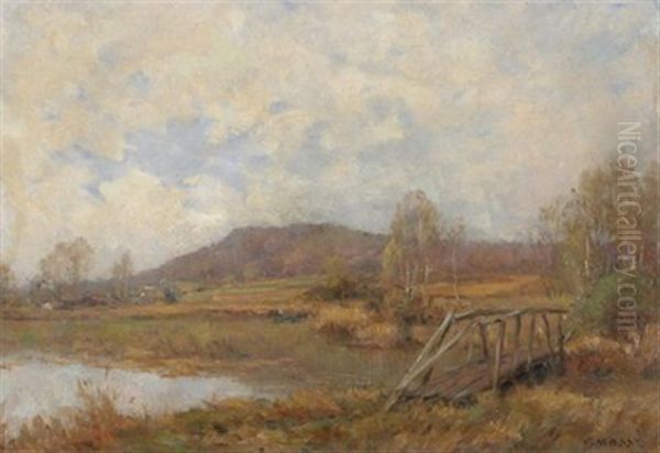 Autumnal River Landscape With A Wooden Bridge by Jean Eugene Julien Masse