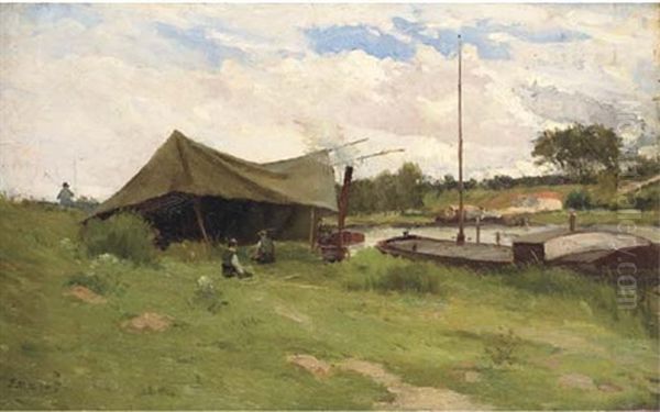 Campement Et Peniche Au Bord De La Marne Oil Painting by Jean Eugene Julien Masse