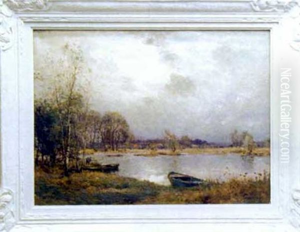 Pecheur Et Barques Au Bord De L'etang Oil Painting by Jean Eugene Julien Masse