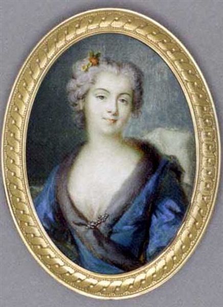 A Young Lady, In Fur-bordered Blue Silk Day Dress With White Underdress And White Stole, Jewelled Brooch At Corsage, Flowers In Her Upswept And Curled Powdered Hair Oil Painting by Jean-Baptiste Masse