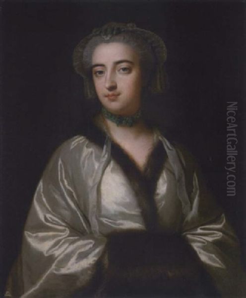 A Portrait Of An Elegant Lady In A Grey Silk Coat With Fur Trim Oil Painting by Jean-Baptiste Masse