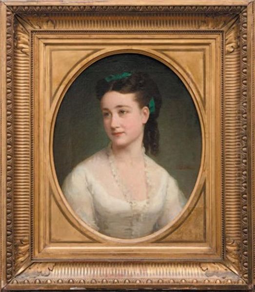 Portrait De Jeune Femme En Robe Blanche, Un Ruban Vert Dans Sa Chevelure Brune Oil Painting by Jules Masse