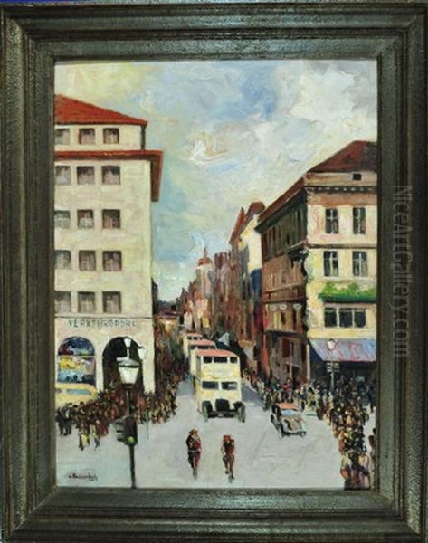 Fahrzeugparade Mit Zahlreichen Besuchern In Der Berliner Friedrichstrase Oil Painting by Ferdinand Freiherr Von Massenbach