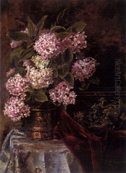 Stilleben Mit Hortensien In Einem Blumentopf Und Einer Japanischen Lackkassette Oil Painting by Carl Massmann