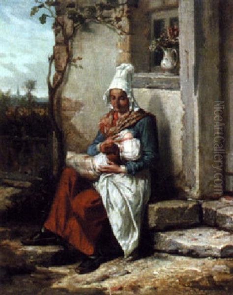 A Breton Maid With Her Child Oil Painting by Benedict Masson