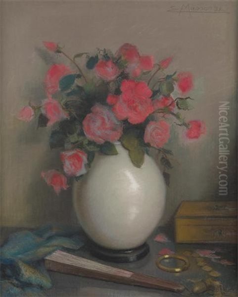 Vase Fleuri De Roses Avec Eventail En Avant-plan Oil Painting by Edouard Masson