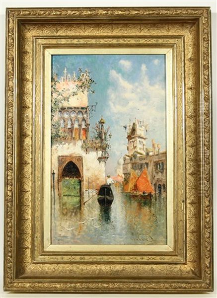 Gondolier By The Doge's Palace, Venice Oil Painting by Egisto Massoni