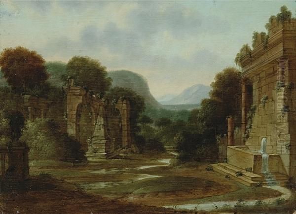 Architectural Ruins In A Landscape; Also A Companion Painting (a Pair) Oil Painting by F. F. Bernitz