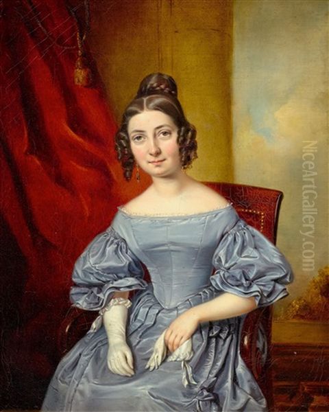 Portrait Of A Young Lady In A Blue Dress Before A Red Curtain Oil Painting by Firmin Massot