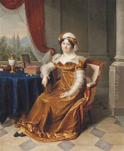 Portrait Of A Lady, Traditionally Identified As Julie Masbou, Nee Garrigues, Full-length, In A Golden Dress With A Turban, In An Elegant Interior, A Landscape Beyond Oil Painting by Firmin Massot