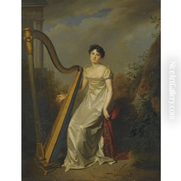 Portrait Of A Lady, Wearing A White Dress And Seated Beside A Harp, A Landscape Beyond (marquise De Chamillard?) Oil Painting by Firmin Massot