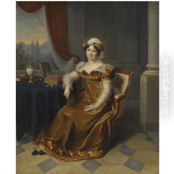 Portrait Of A Lady, Said To Be Madame Masbou, Seated In An Interior, Wearing A Brown Velvet Dress And A Headdress, A Landscape Seen Through A Window Beyond Oil Painting by Firmin Massot