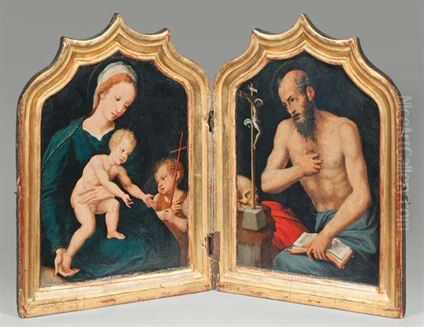 La Vierge, L'enfant Jesus Et Saint Jean-baptiste Enfant, Saint Jerome En Oraison Et Saint Jacques Le Majeur Appuye Sur Son Baton De Pelerin Et Tenant Un Chapelet Et Sainte Barbe, La Tour Dans Le Dos Et Les Saintes Ecritures En Main (recto-verso Pair) Oil Painting by Quentin Massys the Elder