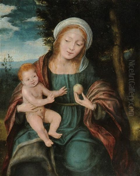 Madonna Met Appel In Een Landschap Oil Painting by Quentin Massys the Elder