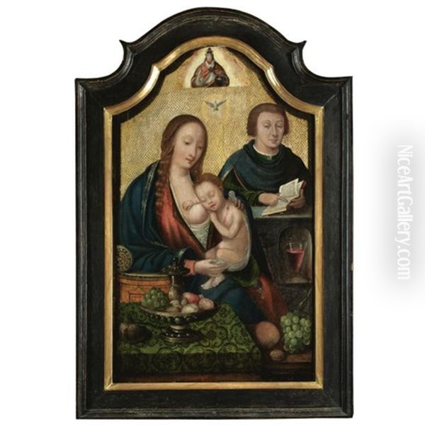 The Holy Family, Seated Before A Table Laid With Various Fruit On An Embroidered Green Cloth Oil Painting by Quentin Massys the Elder