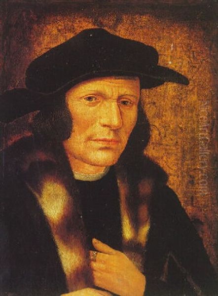 Portrait Of A Man, Bust Length, In A Black Hat And A Fur Trimmed Coat Oil Painting by Quentin Massys the Elder