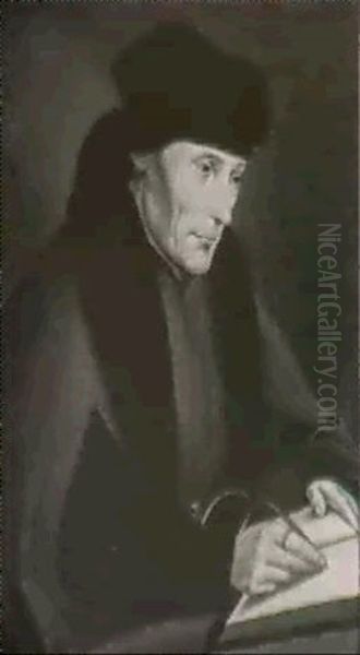 Portrait Of Erasmus Of Roterdam, Seated Small Half Length,  Writing In A Book Oil Painting by Quentin Massys the Elder