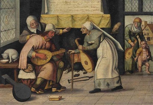 An Interior With A Man Stringing Lutes By An Open Hearth Oil Painting by Cornelis Massys