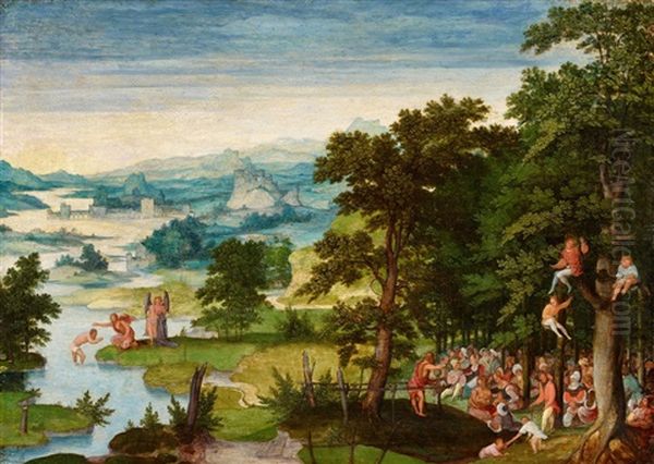 River Landscape With The Baptism Of Christ And Saint John Preaching Oil Painting by Cornelis Massys