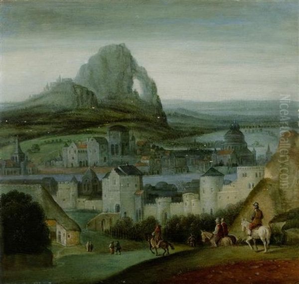 Reisende Vor Einer Hafenstadt Oil Painting by Cornelis Massys