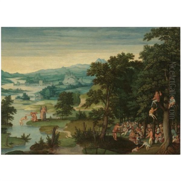 A River Landscape With St. John The Baptist Preaching And The Baptism Of Christ Oil Painting by Cornelis Massys