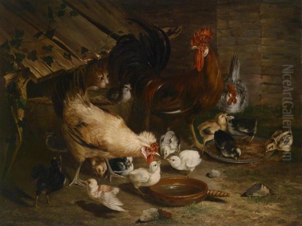 Chickens In Acoop Being Watched By A Cat Oil Painting by Anton Bernreiter