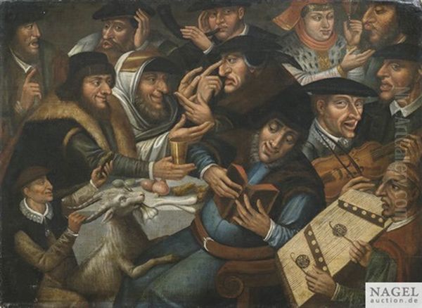 Eine Ausgelassene Gesellschaft Beim Speisen Und Musizieren Oil Painting by Jan Massys