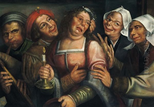 Lustige Gesellschaft Mit Weinender Braut (+ Lustige Gesellschaft Mit Sich Kussendem Paar, Lrgr; Pair) Oil Painting by Jan Massys