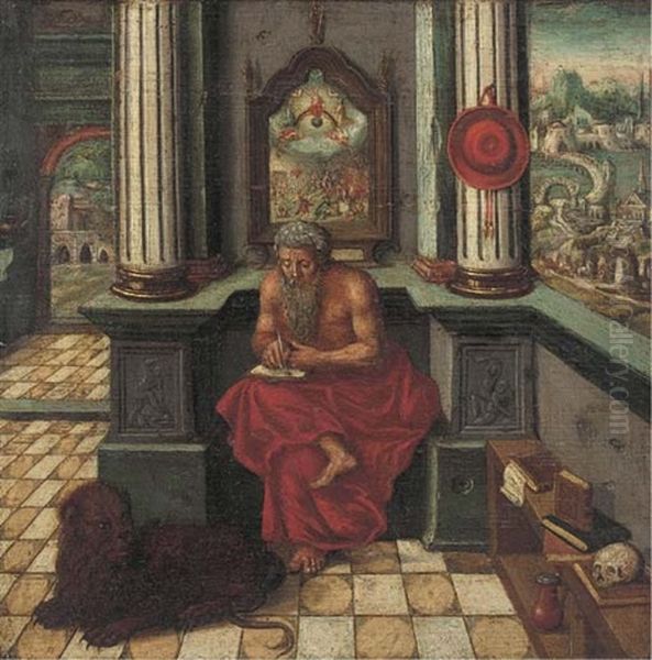 Saint Jerome In His Study, Seated Beneath An Altarpiece With A Landscape Beyond Oil Painting by Jan Massys