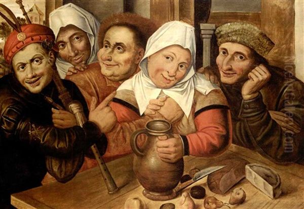 A Peasant Making Advances On A Woman, Other Peasants Gathered Around A Table With A Jug Of Wine, Fruit And Cheese (in Collab. With Artist's Studio) Oil Painting by Jan Massys